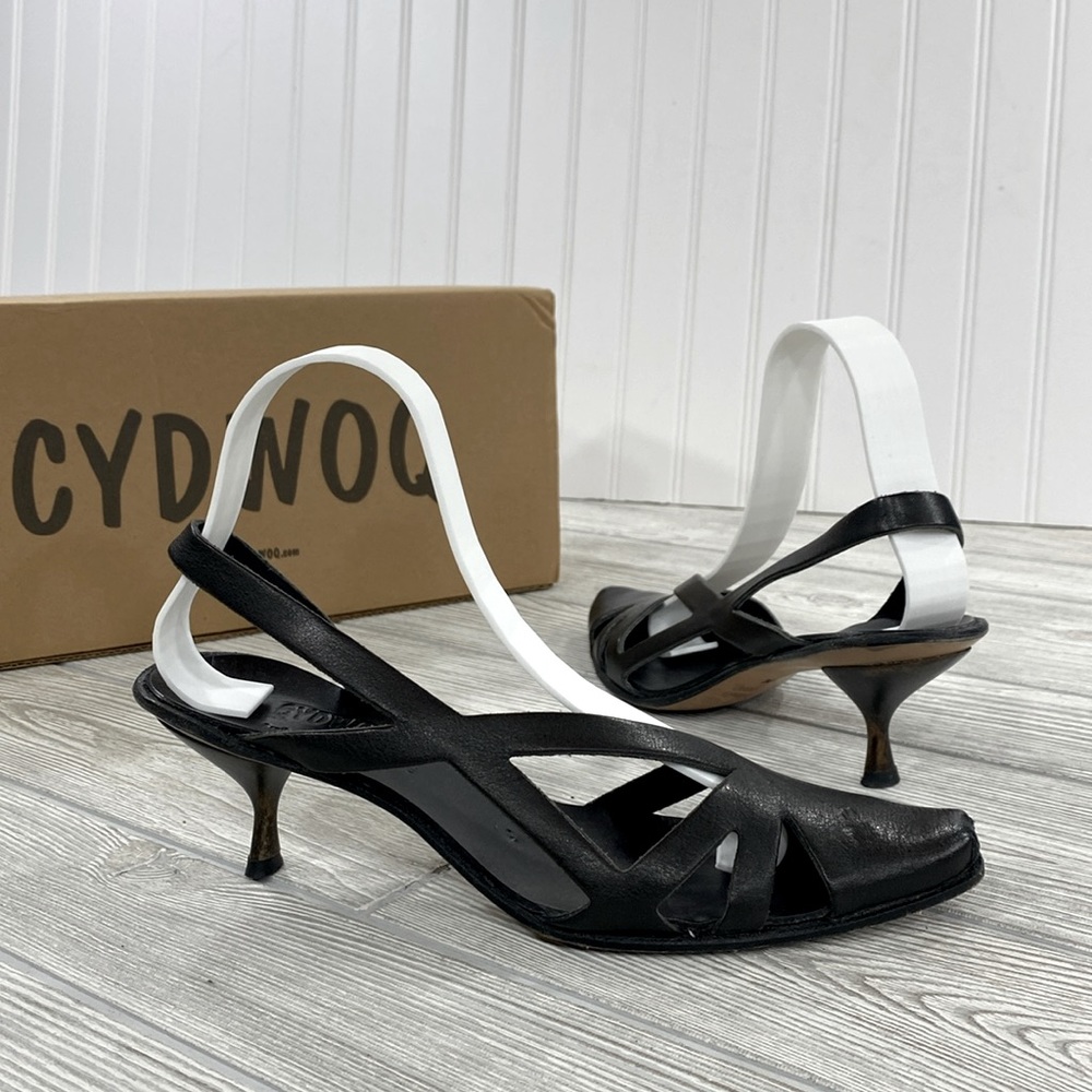 CYDWOQ Slingback Brown Leather Low Kitten Heel - sz 37.5